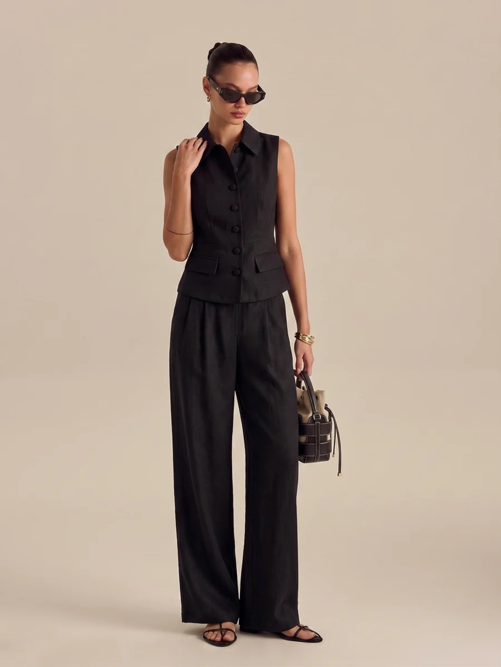 Commense Collared Cotton Linen Vest & Pants Set